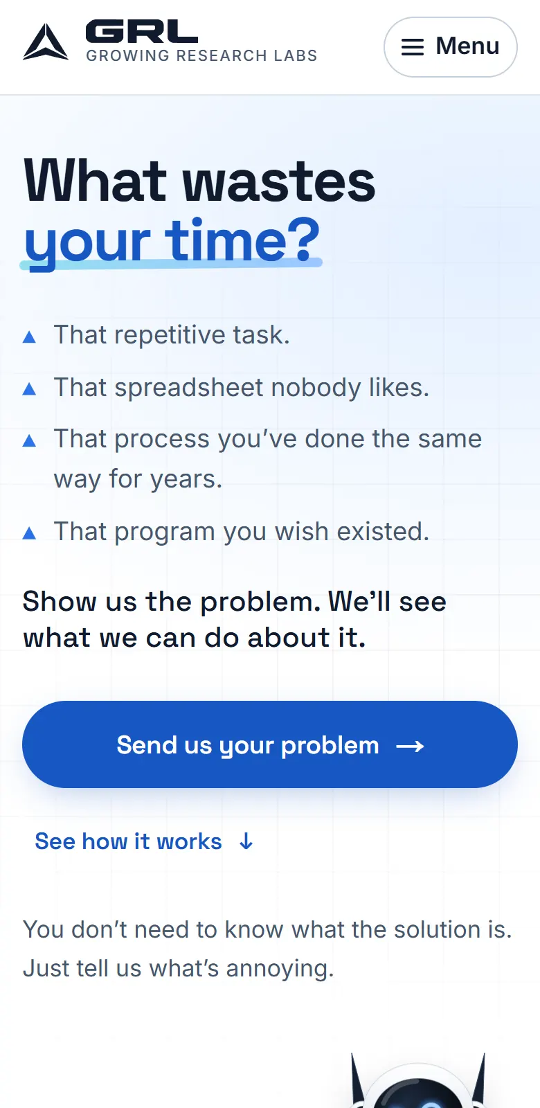 The home page on a phone with text enlarged to 200%: the headline, the list and the button are all still readable and nothing overlaps.